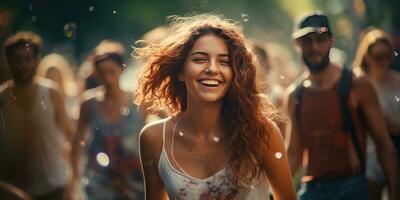 joven mujer es teniendo divertido con su amigos. fiesta selectivo enfocar. generativo ai foto