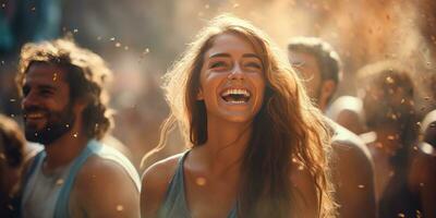 joven mujer es teniendo divertido con su amigos. fiesta selectivo enfocar. generativo ai foto