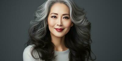 Gray-haired Asian woman on a dark background close-up. Generative AI photo
