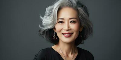 Gray-haired Asian woman on a dark background close-up. Generative AI photo