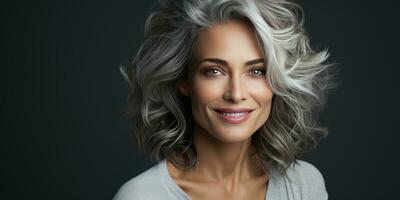 Gray-haired beautiful woman close-up. Photo for advertising. Generative AI