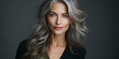 Gray-haired beautiful woman close-up. Photo for advertising. Generative AI