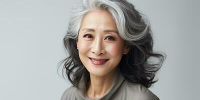 Gray-haired Asian woman on a light background close-up. Generative AI photo