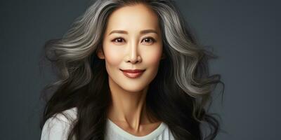 Gray-haired Asian woman on a dark background close-up. Generative AI photo