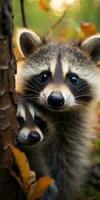 A raccoon carefully looks on from a sturdy tree branch. Generative AI photo