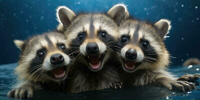 Cute and funny raccoons look into camera lens. Generative AI photo