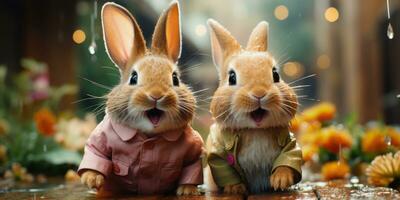 Cute and funny rabbits clothes look into the camera lens. Animal world. Generative AI photo