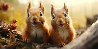Two funny little squirrels the autumn forest look at the camera. Generative AI photo