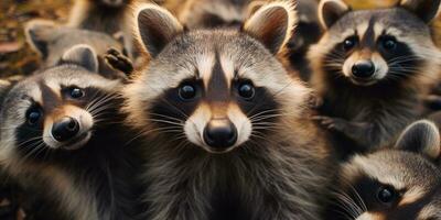lot of funny raccoons in the autumn forest. Animal world. Generative AI photo