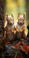 Two funny little squirrels the autumn forest look at the camera. Generative AI photo