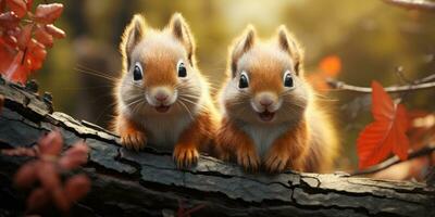 Two funny little squirrels the autumn forest look at the camera. Generative AI photo