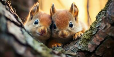 Two funny little squirrels the autumn forest look at the camera. Generative AI photo