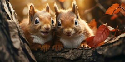 Two funny little squirrels the autumn forest look at the camera. Generative AI photo