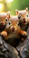 lot of funny baby squirrels in the autumn forest. Animal world. Generative AI photo