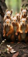 lot of funny baby squirrels in the autumn forest. Animal world. Generative AI photo