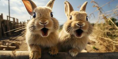 Cute and funny rabbits look into camera lens. Animal world. Generative AI photo