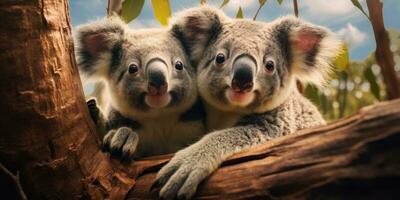 Cute Koala on branch of eucalyptus tree. Generative AI photo