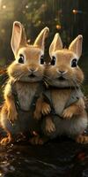 Cute and funny rabbits clothes look into the camera lens. Animal world. Generative AI photo