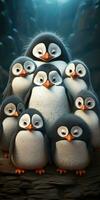 Cute and funny penguins winter, cartoon. Animal world. Generative AI photo