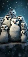 Cute and funny penguins winter, cartoon. Animal world. Generative AI photo