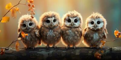 illustration Cute and funny owlets. Animal world. Generative AI photo