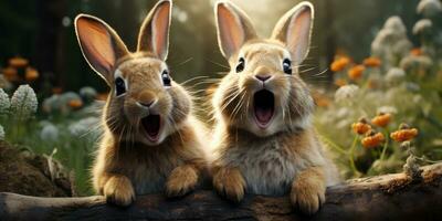 Cute and funny rabbits look into camera lens. Animal world. Generative AI photo