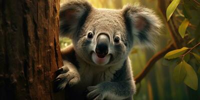 Cute koala on a tree close-up. Generative AI photo