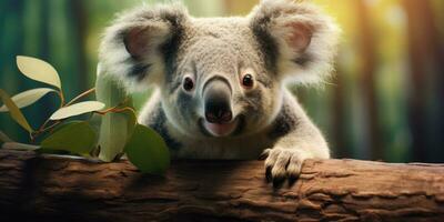 Cute Koala on branch of eucalyptus tree. Generative AI photo