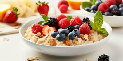 Bowl of oatmeal with strawberries and raspberries isolated on white background. Generative AI photo