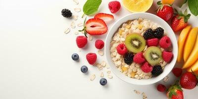 Bowl of oatmeal with fruits isolated on white background, top view. Generative AI photo