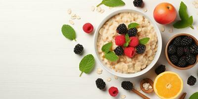 Bowl of oatmeal with fruits isolated on white background, top view. Generative AI photo