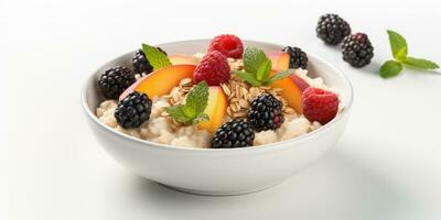 Bowl of oatmeal with strawberries and raspberries isolated on white background. Generative AI photo