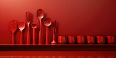 Different designs of red dishes and shelves. Generative AI photo