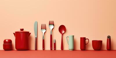 Different designs of red dishes and shelves. Generative AI photo