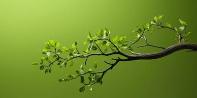 Branch with green leaves on green background. Minimalism. space for text. Generative AI photo