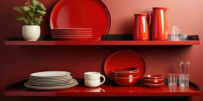 Design different red dishes on the shelf in the kitchen. Generative AI photo