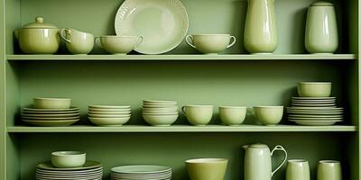 Design different green dishes in the kitchen cabinet. Generative AI photo