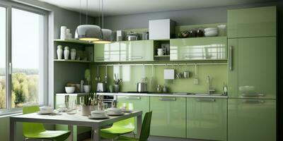 The new kitchen is green, modern design. Generative AI photo