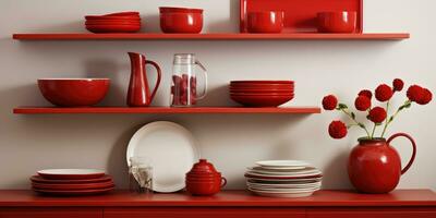 Design different red dishes on the shelf in the kitchen. Generative AI photo