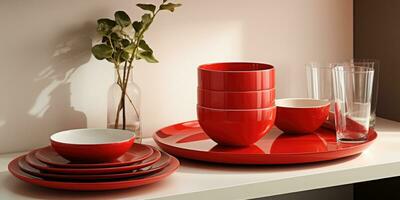 Design different red dishes on the shelf in the kitchen. Generative AI photo