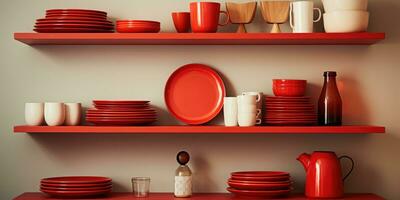 Design different red dishes on the shelf in the kitchen. Generative AI photo