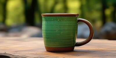 Design of a green cup for tea or coffee on light background. Minimalism. Generative AI photo