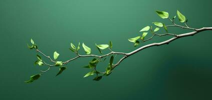 Branch with green leaves on green background. Minimalism. space for text. Generative AI photo