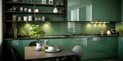 Modern kitchen design in green shades. Generative AI photo