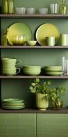 Design different green dishes in the kitchen cabinet. Generative AI photo