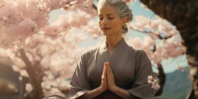 A gray-haired Asian woman in a kimono prays under flowering tree. Generative AI photo