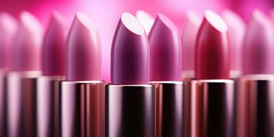 A lot of pink lipsticks on blurred pink background. Generative AI photo