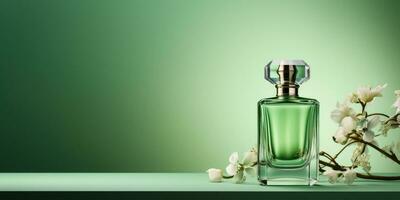 Glass bottle of perfume on a green background. Place for text. Generative AI photo