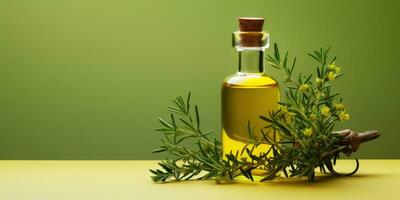 Bottle of fresh extra virgin olive oil and green leaves on light background. Generative AI photo