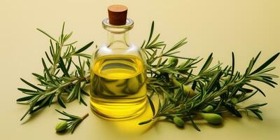 Bottle of fresh extra virgin olive oil and green leaves on light background. Generative AI photo